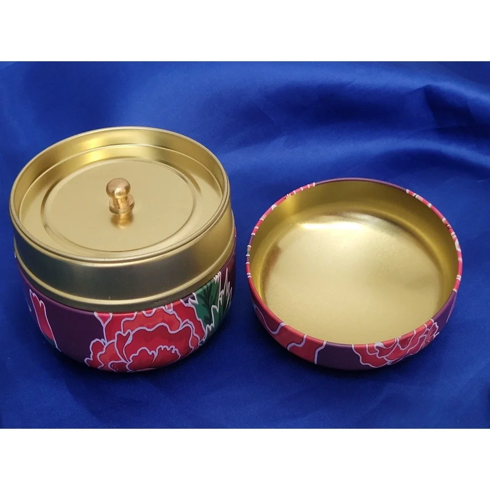 Metal tea storage canister with floral design, double-lid airtight container